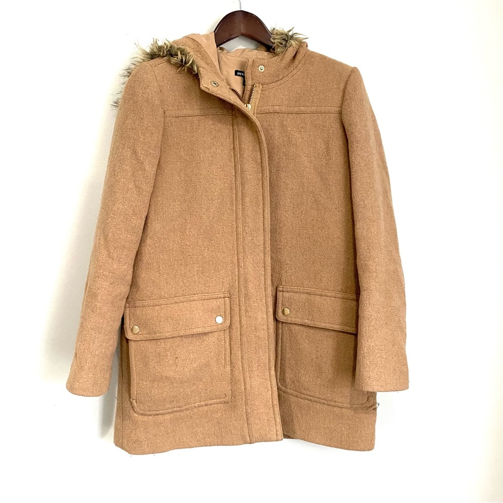 J CREW MERCANTILE Womens 8 Tan Wool Blend Fur Lined Hooded Zip Up Winter Jacket